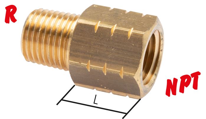 Exemplary representation: Reducing nipple with G-thread / NPT-thread, brass